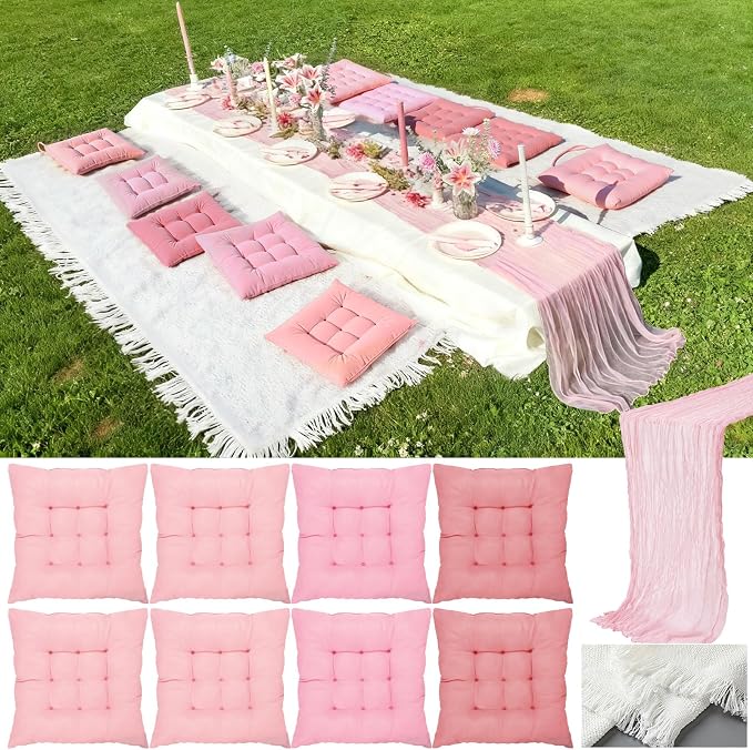 Extra Large Outdoor Picnic Blanket with Table Runner and Floor Pillow Cushion for Picnic Wedding Birthday Baby Shower Backyard Decor(71 x 102'',Pink,10 Pcs)