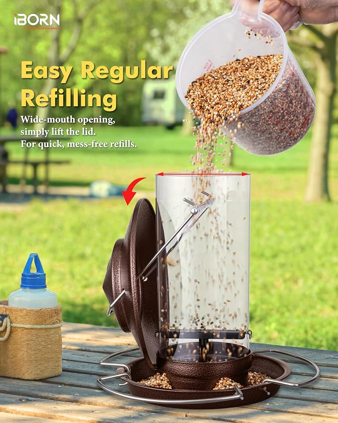 iBorn Bird Feeder Metal Squirrel Chew Proof Bird Feeders for Outdoors Hanging Outside for Cardinal, Holds 1.32LB Seed with 3 Perchs, Brushed Coffee (Seed is not Included)