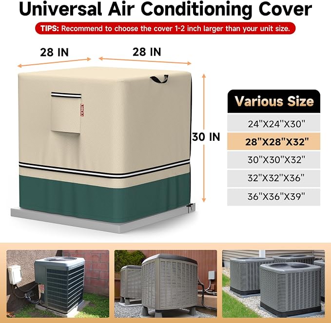 LXKCKJ Air Conditioner Cover for Outside Units - 420D Heavy-Duty Waterproof Winter AC Cover, All-Weather Protection for HVAC Condenser Units, Fits 28''LX28''WX32''H Outdoor AC Unit(Beige&Green)