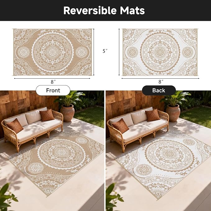 Pauwer Waterproof Outdoor Rug 5x8, Reversible Plastic Straw Patio Camping Rug, Indoor Outdoor RV Mat Carpet for Deck, Camper, Porch, Balcony, Backyard, Picnic, Paisley Brown