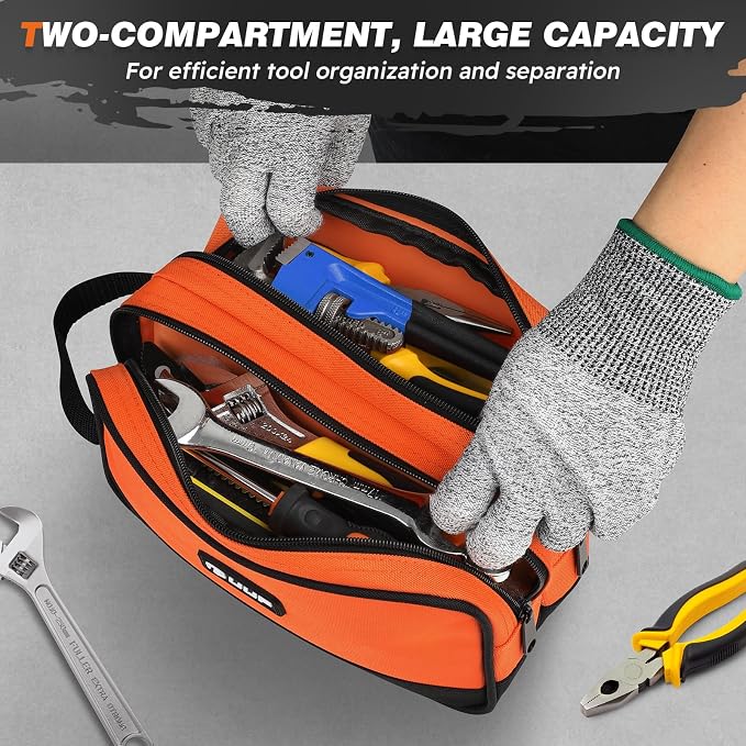 UUP 10 Inch Small Tool Bag, Zipper Tool Pouch Two Compartments Heavy Duty, Utility ToolBag with Carrying Handle, Tools Storage Organizer for Electrician Mechanic, Gift for Men Dad,Orange
