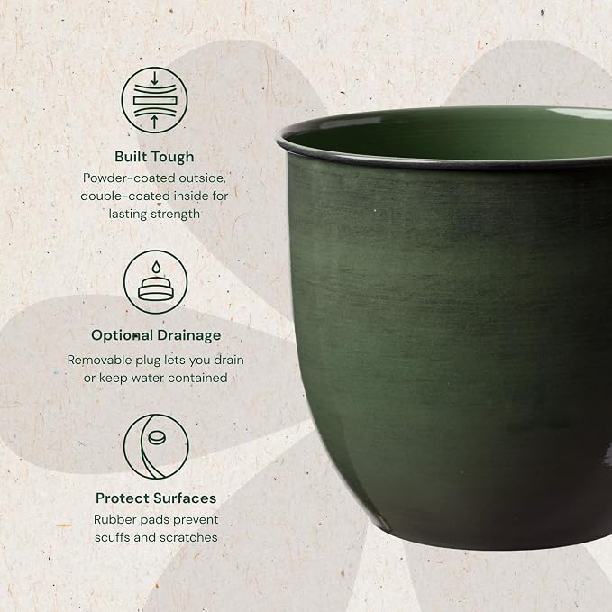 Bloem Canyon 14" Indoor Metal Cachepot - Glossy Decorative Planter with Powder-Coated Finish, Removable Drain Plug, Basil