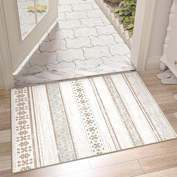 2x3 Washable Area Rugs for Living Room Boho Bathroom Rug Cream/Brown/Pink | Vacuum Friendly, Machine Washable, Non-Slip Rug, Stain Resistant, Moroccan Geometric, Low Pile Carpet, Entryway Kitchen