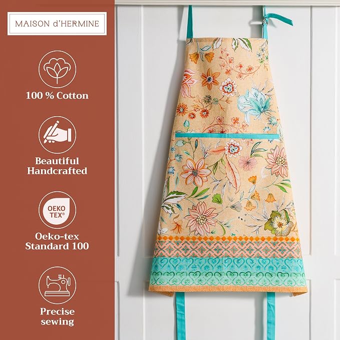 Maison d' Hermine Aprons for women with Pocket 100% Cotton (27.50"x31.50") | Adjustable Neck Strap & long ties Apron Men Chef Wedding Cooking Gardening Server Maid