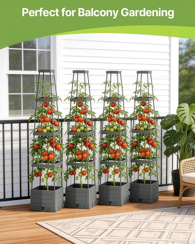 Suteck Raised Garden Bed Planter Box with Trellis, 4-Pack Self-Watering Tomato Planter with Adjustable Height Steel Support Frame for Climbing Plants, Tomato Cages for Patio, Balcony & Outdoor