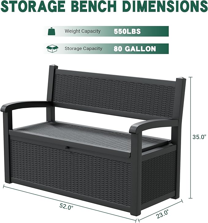 80 Gallon Outdoor Storage Bench, Resin Patio Storage Bench with Armrest, Lockable Deck Boxes Outdoor Waterproof and UV Resistant for Patio Cushions, Garden Tools and Pool Supplies, Black