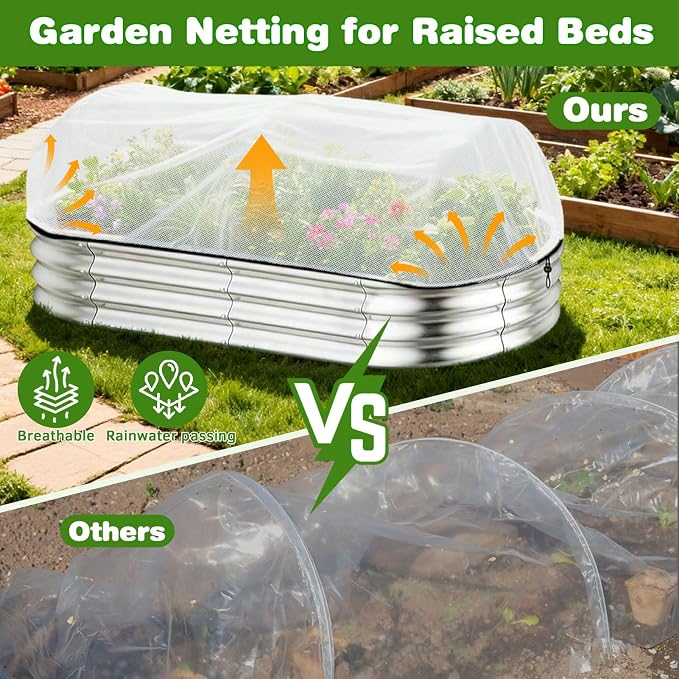 2 Pack Garden Netting for 4x2FT Raised Beds, Ultra-Fine Mesh Plant Covers with Drawstring&10 Clips, Bird, Pest & Small Animal Barrier for Protecting Vegetables, Fruits & Flowers