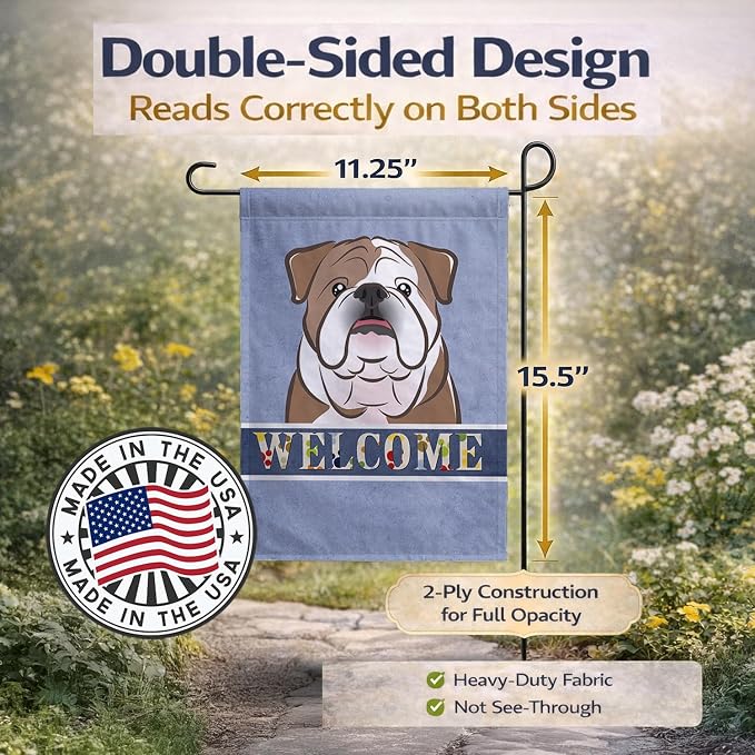 Caroline's Treasures BB1405GF English Bulldog Welcome Garden Flag, Blue Mailbox Flag Decorative Yard Flag Banner Outside Patio Artwork Yard Flower Beds, Garden Size, Multicolor