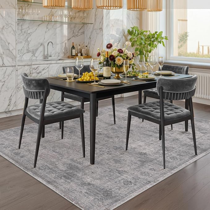 Washable 5x7 Modern Dusty Grey Area Rug for Dining Room Under Table, Bedroom, Minimalist Neutral Scandinavian Distressed Geometric Large Rugs for Living Room, Stain Resistant Low Pile Anti-Slip