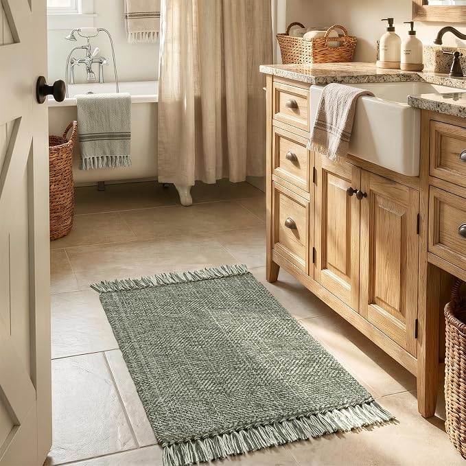Boho Bathroom Rug 2' x 3', Modern Farmhouse Rugs for Entryway | Sage Green Washable Kitchen Mat, Hand-Woven Low Profile Front Door Mat Reversible Porch Carpet for Laundry Bedroom Decor