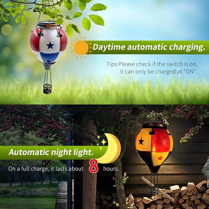 Glass Solar Hot Air Balloon Lantern with Flame Hanging Garden Flickering Light Outdoor Waterproof for Yard Patio Tree 4th of July Decorations, Flag-B