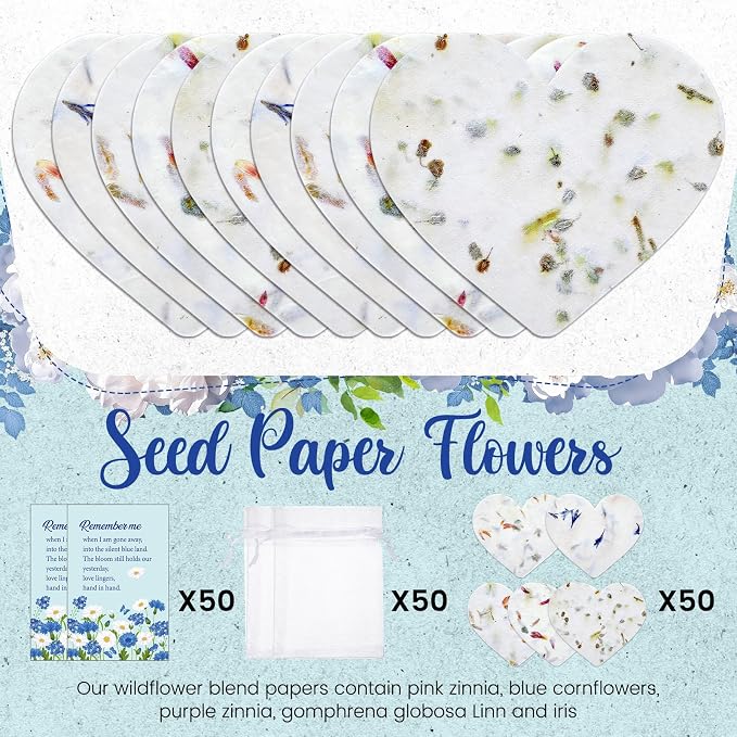 Dunzoom 50 Sets Funeral Favors for Guests Heart Shaped Seed Paper Seed Packet Funeral Memorial Party Favors Plantable Paper Cards and Organza Bags for Loss of Loved One Church Easter