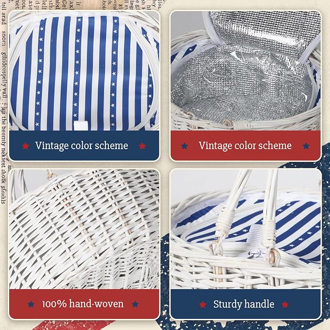 Wicker Picnic Basket with Insulated Lined Bag 15“ x 11” x 7“ Blue, White Star Stripe Pattern, Iced Beer Insulated Bag for Camping, Picnics, Birthday Gifts, Wedding Gifts