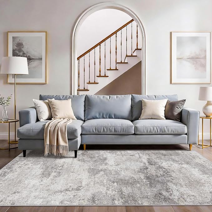 Modern Abstract Wide Hallway Runner:4x8 Grey Rug | Living Room, Bedroom ,Laundry Room - Washable Non-Slip Soft Thin Carpet - Easy-to-Clean Low Pile Floor Mat for Home Decor
