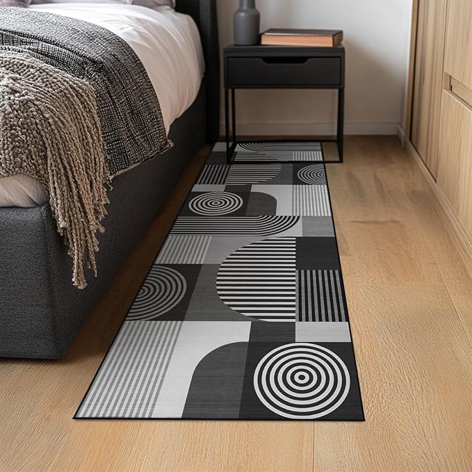 Grey Geometric 2x6 Runner Rug for Hallway Kitchen Bedroom Black White Mid Century Modern Machine Washable Rug Non Slip Low Pile Gray Minimalist Runner Rugs Long Floor Mat Carpet for Laundry