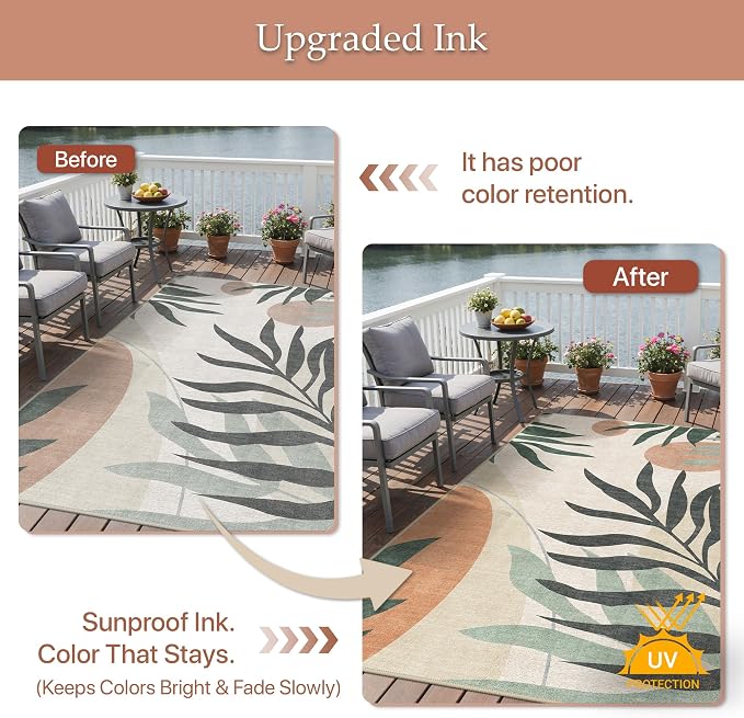 GENIMO Outdoor & Indoor Area Rug 8'x10', Waterproof, Non-Shedding, Easy Cleaning, Leaf Mat for Patio, Living Room, Balcony, Dining Room, RV, Deck, Bedroom, Camping, Outside Carpet, Beige Grey