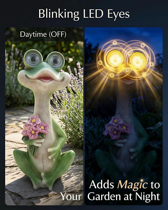 iStatue Solar Frog Garden Statue with Blinking Light-Up Eyes, Resin Outdoor Garden Decor Frog Holding Flowers, Waterproof Animal Figurine for Patio Lawn Yard Porch Balcony (Green)
