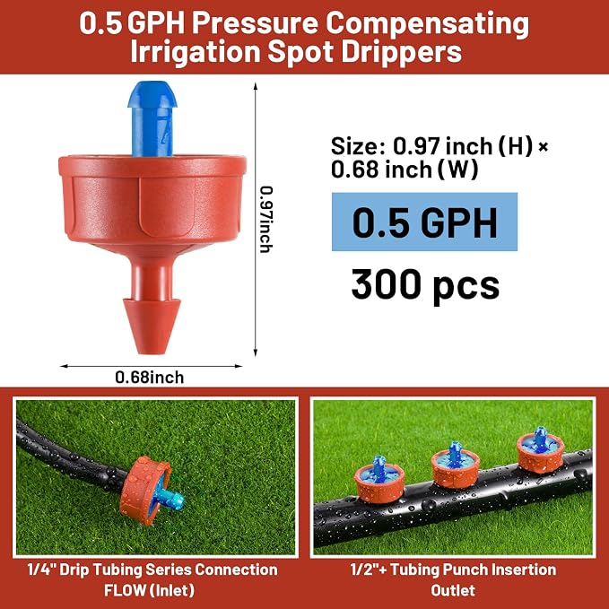 300 PCS 0.5 GPH Pressure Compensating Drip Irrigation Spot Watering Dripper, Gentle Flow Anti-Clog Drip Irrigation Emitters Heads Irrigation Drippers Parts for Indoor Outdoor Small Potted Plants