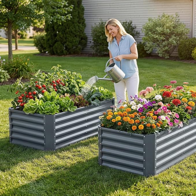 4×2×1.4ft Galvanized Raised Garden Bed Kit, Metal Planter Boxes Outdoor, High Raised Beds for Vegetables, Fruits, and Flowers - IronGrey