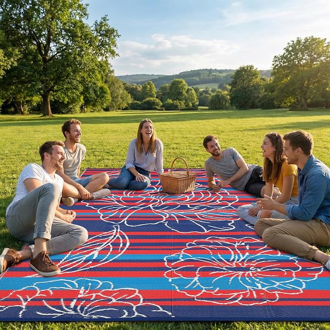 Garvee 10x14 Outdoor Waterproof Rug, Floral Outdoor Area Rug，Reversible Plastic Straw Patio Rug, Portable Camping Mat for RV, Picnic, Beach, Balcony, Garden & Camping Red&Navy
