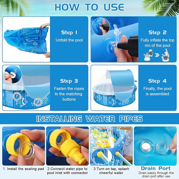 KJX Baby Pool with Canopy Sprinkler, 47in Foldable Kiddie Pool with Tent | Pop Up Baby Beach Tent with Mosquito Net and Sun Shade Canopy, Portable Toddler Kids Small Pool for Backyard Beach Outdoor