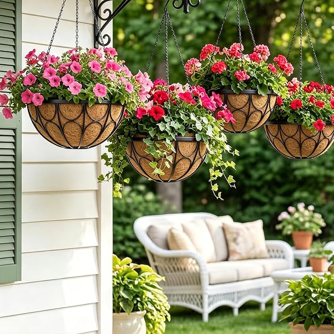 4 Pack 12 Inch Hanging Planters for Outdoor Plants，Large Wire Flower Hanging Basket with Coco Liners for Balconies, Patios, Porch, Terraces Decor