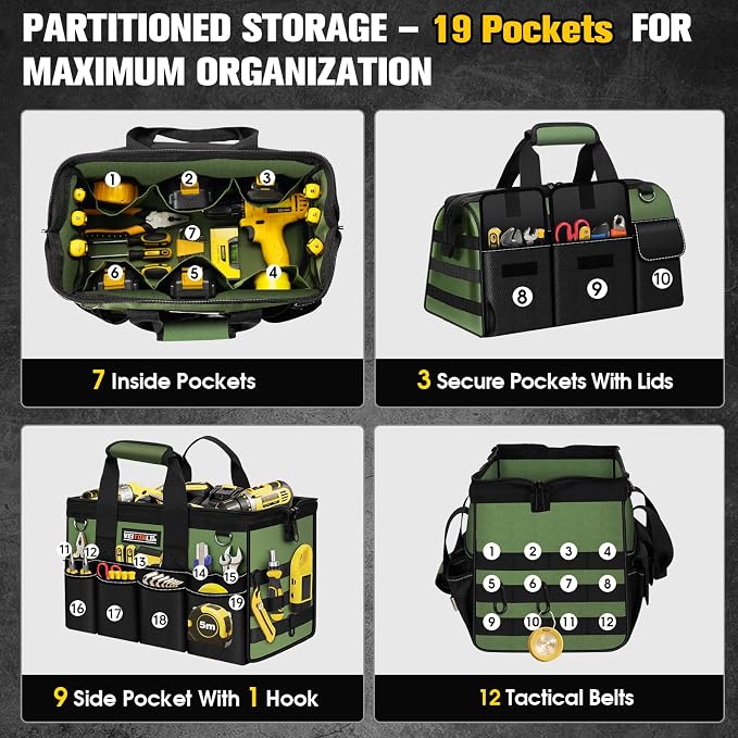18-Inch Heavy Duty Tool Bag, 19-Pockets Tool Box Organizer, Portable Toolbag W/Soft Handle for Organized Storage, Mechanic Gifts for Men Dad Husband Fathers Day, Wide Mouth Electrician Toolbox, Green