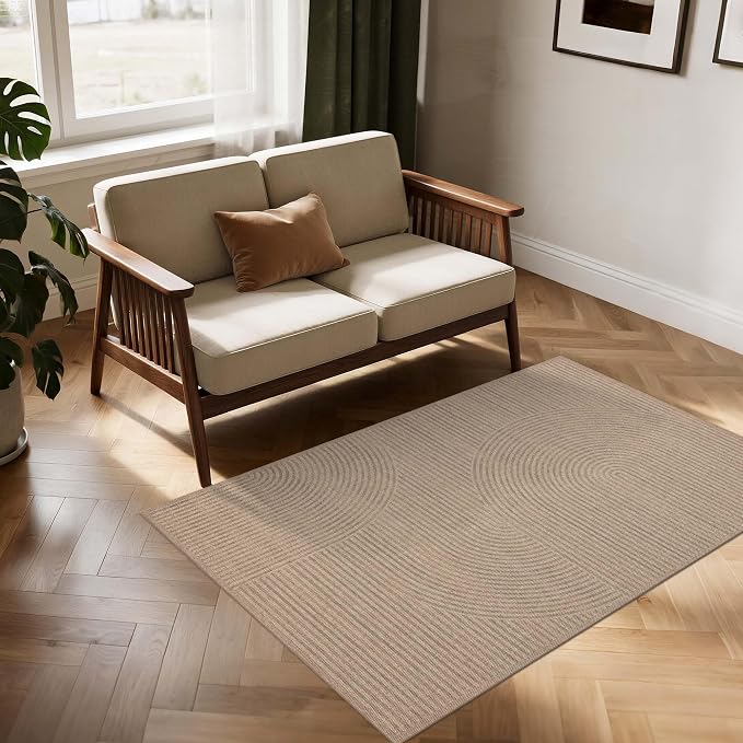 Easy Jute Rug 3x5 Outdoor: Natural Area Rugs for Patio Linen-Look Fabric Durable - Neutral Washable Carpet Mat for Entryway Bedroom Kitchen Non-Slip - Swirl Curved Pattern