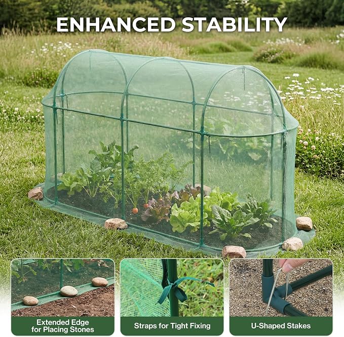Aoodor 10 x 3 x 5 Ft Plant Protection Grow Tent Arched Roof Crop Cage with Side Netting Zippered Door for Protect Plants, Herbs, Fruits, Green