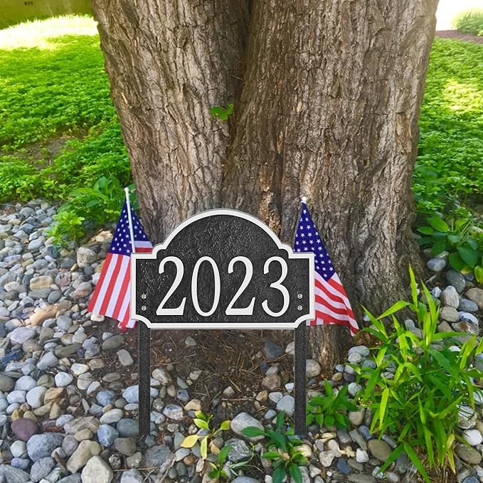 Personalized Address Sign LAWN MOUNTED - Custom House Number Sign Plaque,Address Plaque,House Numbers for Lawn Outside,Yard,Ground,Garden,Drive Way Free Standing with Stakes Metal (Silver)