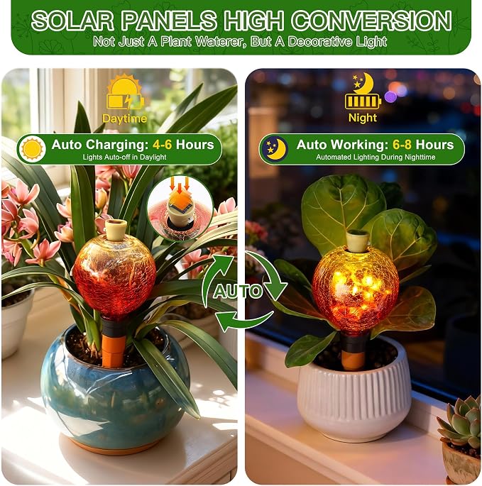 VOREEN Crackle Glass Plant Watering Globe with Terracotta Spike,Self-Watering Irrigation for Potted Plants, with Solar Accent Light for Indoor & Outdoor Décor, 17oz, Gold–Red Gradient