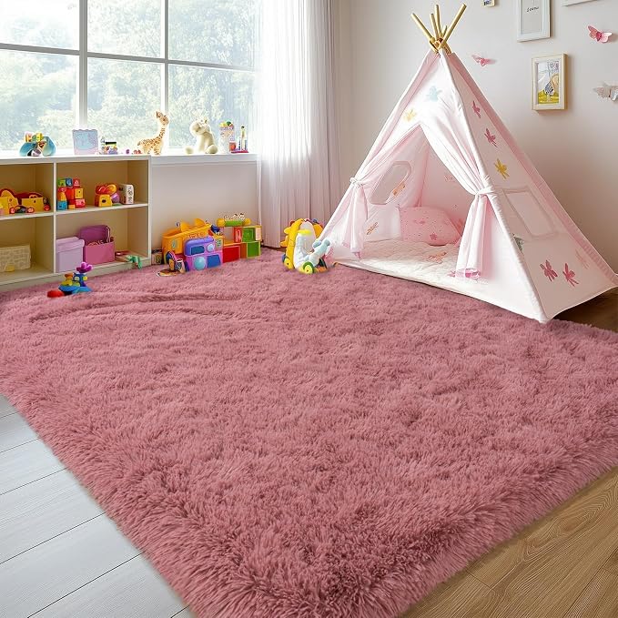 8x10 Large Area Rugs for Living Room, Fluffy Washable Blush Pink | Upgrade Non-slip, 8 x 10 Big Shag Rug for Girls Bedroom Kids Nursery, Modern Shaggy Furry Carpet for Dorm, Flame Resistant
