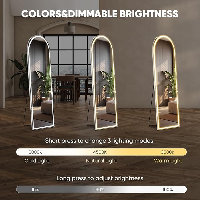 16"x60" Arched LED Full Length Mirror with Stand, Full Body Mirror | LED Lights 3 Color Lighting, Wall Hanging or Leaning, Floor Standing, Modern Simple Home Wall Decor
