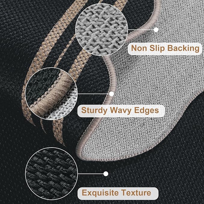 Scalloped Easy Jute Black Rug, 2x4 Front Door Washable Door Mat Non Slip Small Kitchen Area Rug, Farmhouse Low Pile Floor Rugs for Entryway Porch Doorway