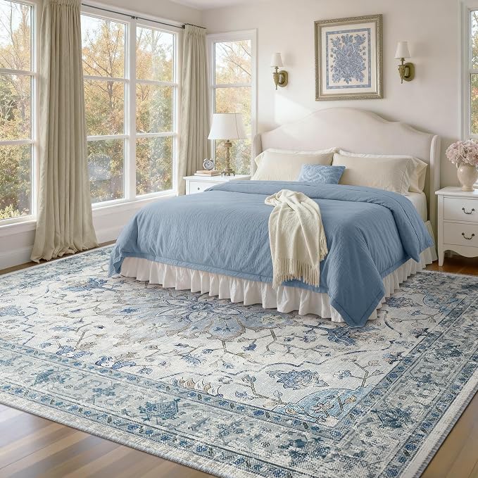RELEANY Washable Area Rug, Large 10'x14', Blue/White/Gray | Non-Slip, Water Repellent, Pet Friendly, Easy to Clean, Vintage Floral Boho Decor for Living Room Bedroom Dining Room