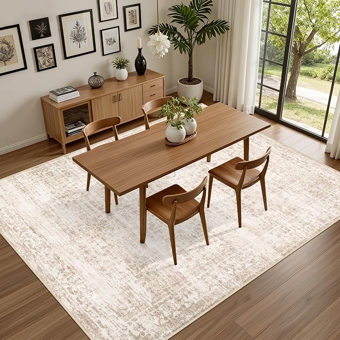 6x9 Area Rugs Living Room: Washable Rug for Bedroom Beige Brown | Boho No Slip Stain Resistant Rug Soft Indoor Decor Floor Floral 6x9 Area Rugs for Dining Room, Nursery, Hallway, Home Office