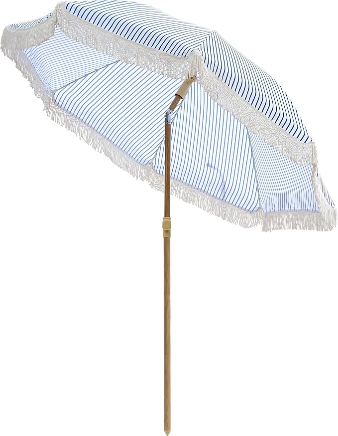 6.5FT Boho Patio Umberlla with Fringe,UPF50+ Outdoor Umbrella with Fiberglass Ribs and Push Button Tilt,Tassels Umbrella for Beach,Terrace,Picnic