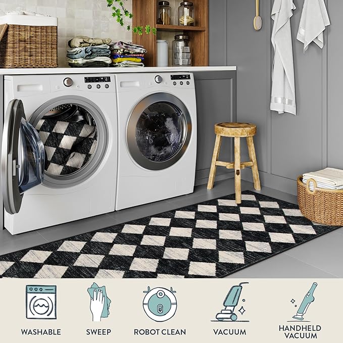 Checkered Kitchen Runner Rug 2x8 Black and White, Hallway Non Slip Washable