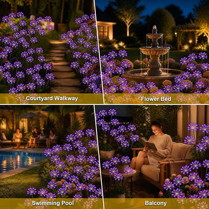 Solar Garden Lights Outdoor, Upgraded Solar Swaying Starburst Light Waterproof with 2 Modes, Solar Fairy Firework Lights for Yard Patio Pathway Flowerbed Balcony Garden Decoration (Purple, 4 Pack)