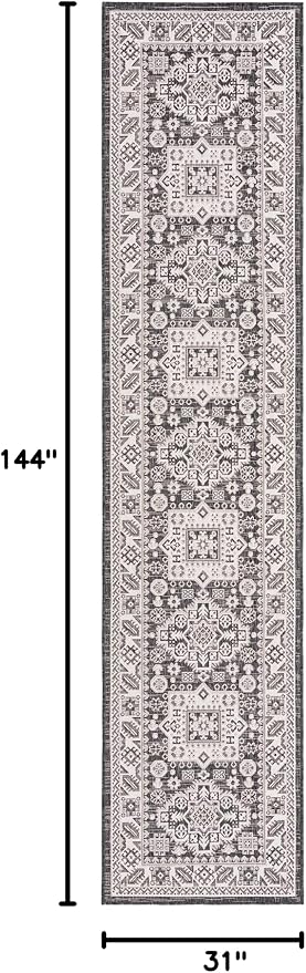 Unique Loom Outdoor Aztec Collection Area Rug - Chalca (2' 7" x 12' Runner, Charcoal Gray/ Ivory)