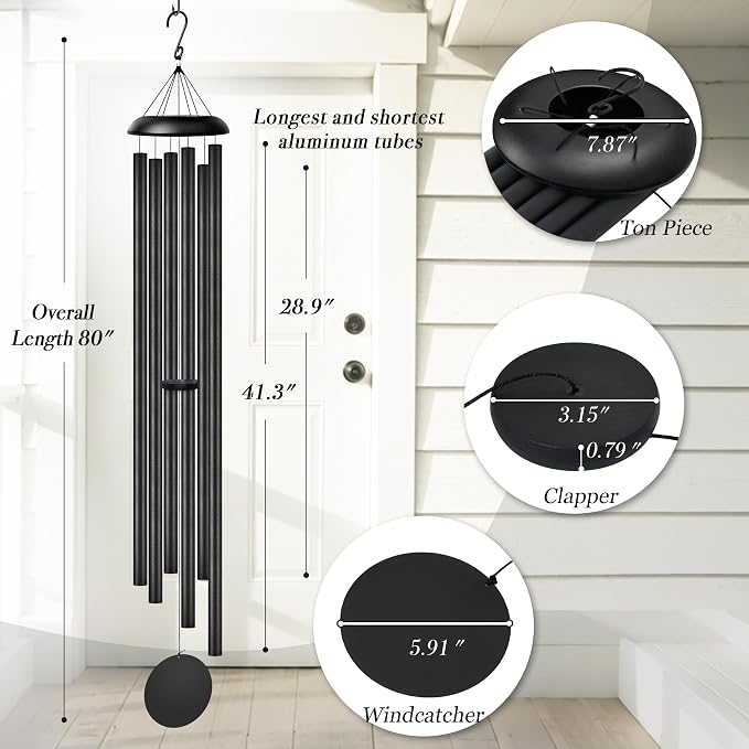 80" Extra Large Wind Chimes with Outside Deep Tone, 6 Thick and Bold Aluminum Tubes, Coolest Metal Windchimes Outdoor Wind Chime, Unique Gift for Mom Women Grandma Neighbors, Garden Decoration(Black)