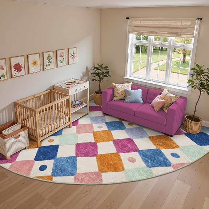 jinchan Corner Rug Washable Kids Rug Colorful Classroom Play Mat Berries | 8ft Radius, Soft, Non-Slip, Cute, Kid-Friendly, Checkered Diamond, Quarter Circle, Reading Nook, Nursery, Playroom, Daycare
