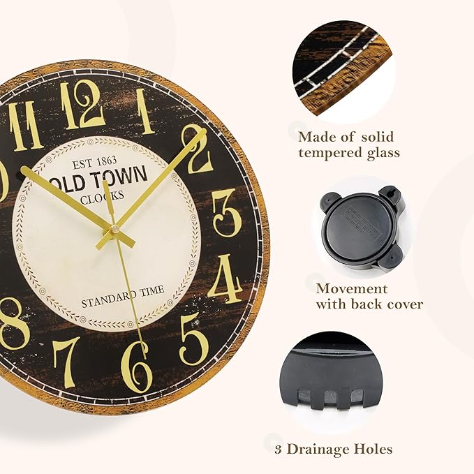 WISKALON Indoor Outdoor Glass Clock 12 Inch Waterproof Retro Vintage French Country Style Wall Clock Battery Operated Silent Non-Ticking for Bathroom Patio Pool Wall Decor Black Gold