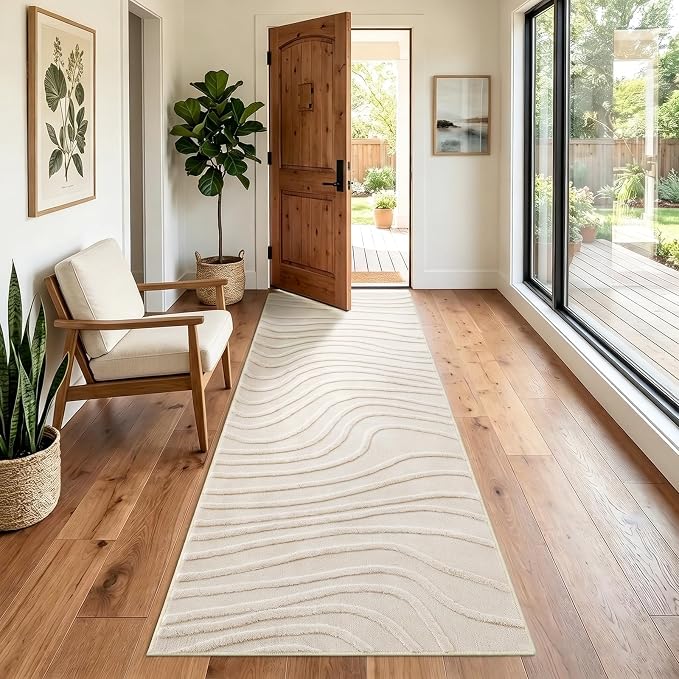 Etwel 2x6 Beige Modern Wavy Textured High-Low Pile Washable Runner Rug | Soft Carpet, Non-Slip PVC Backing, Low Profile, Kid and Pet Friendly, for Kitchen, Entryway, Hallway, Bedroom