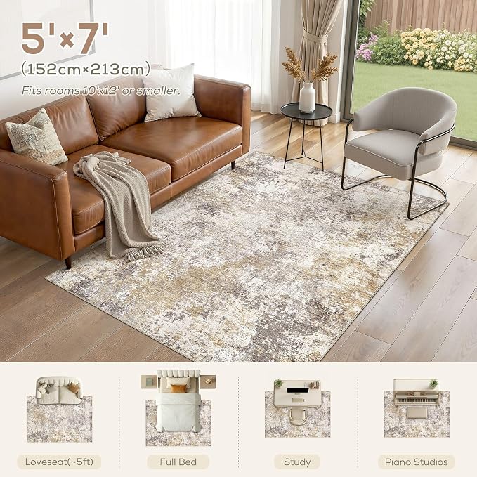Nakagishi 5x7 Abstract Washable Area Rugs for Living Room-Golden Brown | Modern Non-Slip Silicone Backing Low Pile Soft Carpet for Bedroom Dining Decor for Families with Kids and Pets