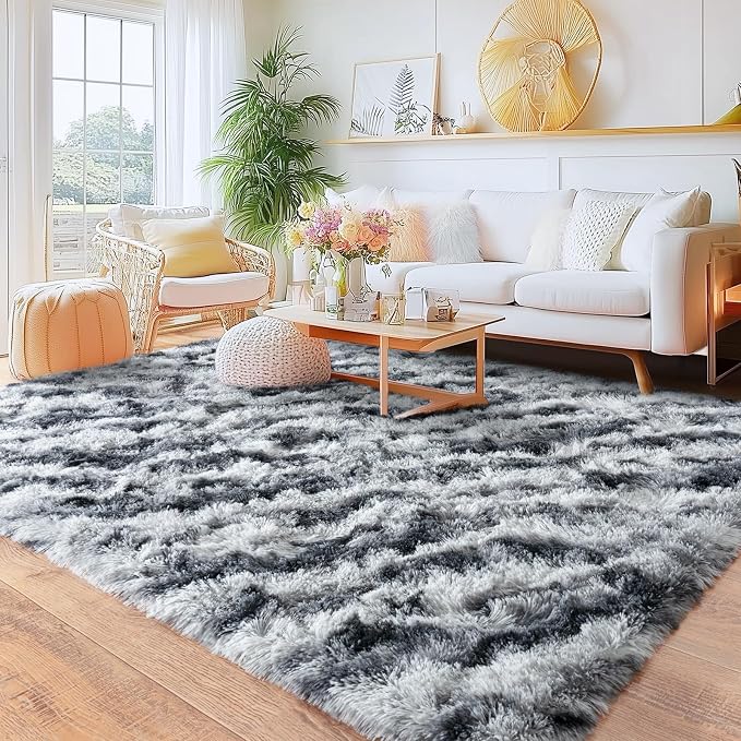 Rugs for Bedroom, Ultra Fluffy Fuzzy Shag 5x7 Area Rug for Living Room, Modern Plush Soft Upgrade Non-Slip Carpet for Kids Girls and Boys, Dorms, Nursery, Home Decor, Tie-Dyed Black Grey