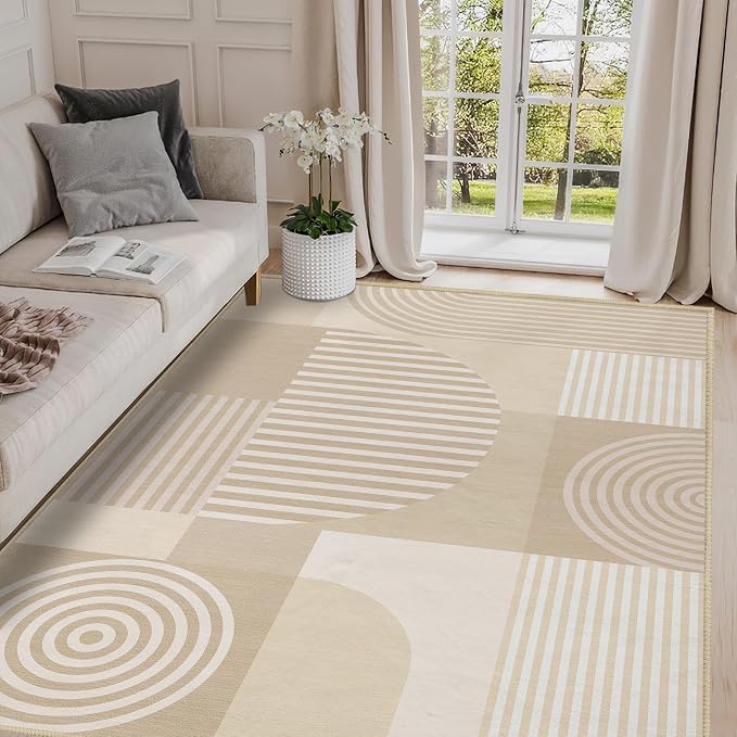 Beige Geometric Area Rug 4x6 for Living Room White Rug Machine Washable Minimalist Mid Century Modern Rugs Non Slip Low Pile Indoor Floor Carpet for Bedroom Dining Room Laundry Office,Beige