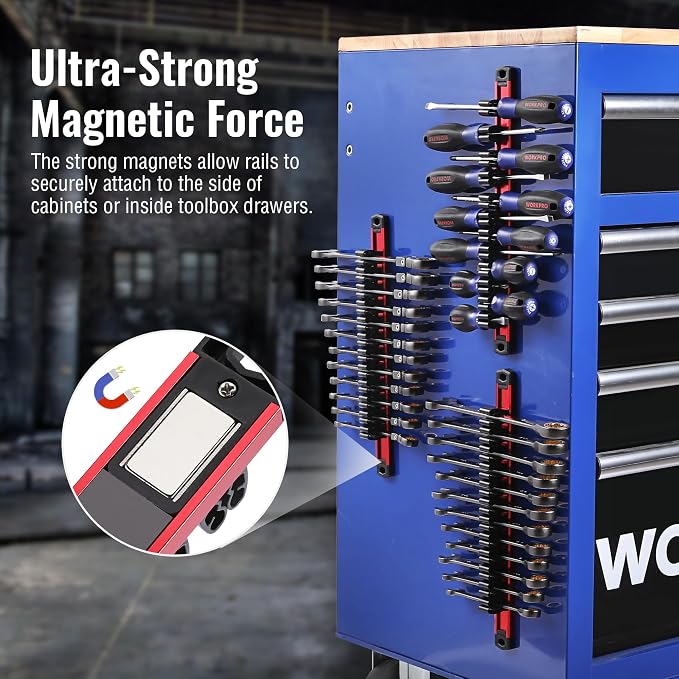 WORKPRO Magnetic Screwdriver and Wrench Organizer Set, 24-Slot Tool Holders | 2-Pack Aluminum Rails, Magnetic Force, Flexible High-Tension Tool Clips, For Tool Box Drawer & Wall-Mount Storage