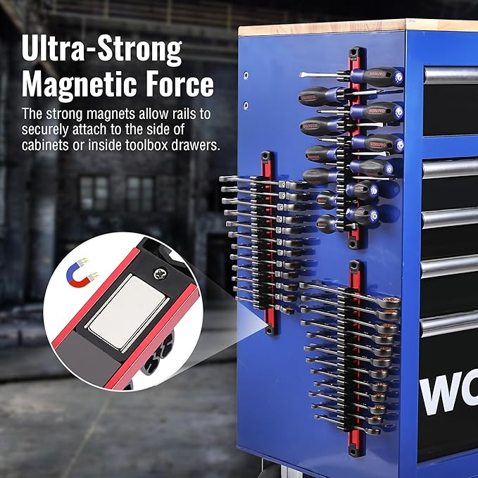 WORKPRO Magnetic Screwdriver and Wrench Organizer Set, 36-Slot Tool Holders | 3-Pack Aluminum Rails, Magnetic Force, Flexible High-Tension Tool Clips, For Tool Box Drawer & Wall-Mount Storage