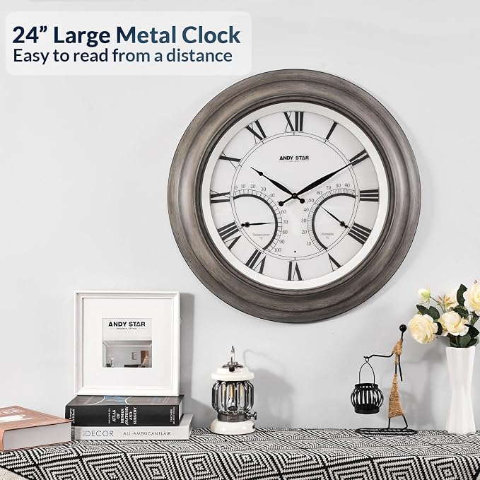 ANDY STAR 24 Inch Outdoor Clocks Waterproof,Large Outdoor Wall Clocks for Garden Patio Pool, Modern Lighted Metal Clock Battery Operated with Thermometer&Hygrometer, Gray Oak Wooden Non Ticking